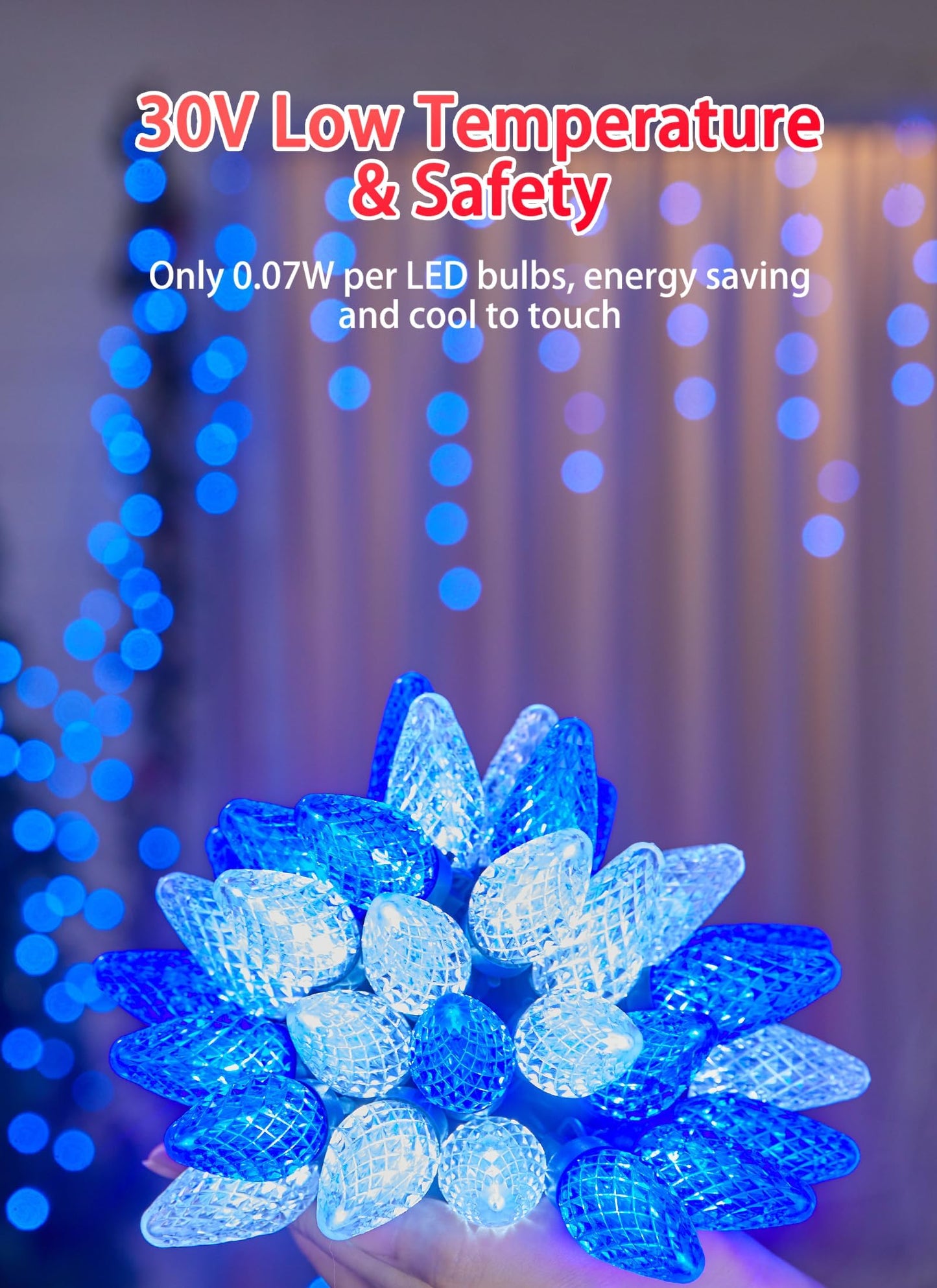 Minetom C9 LED Christmas String Lights - 82ft, 100 LEDs, Timer, 8 Modes, Plug-in, Blue and White