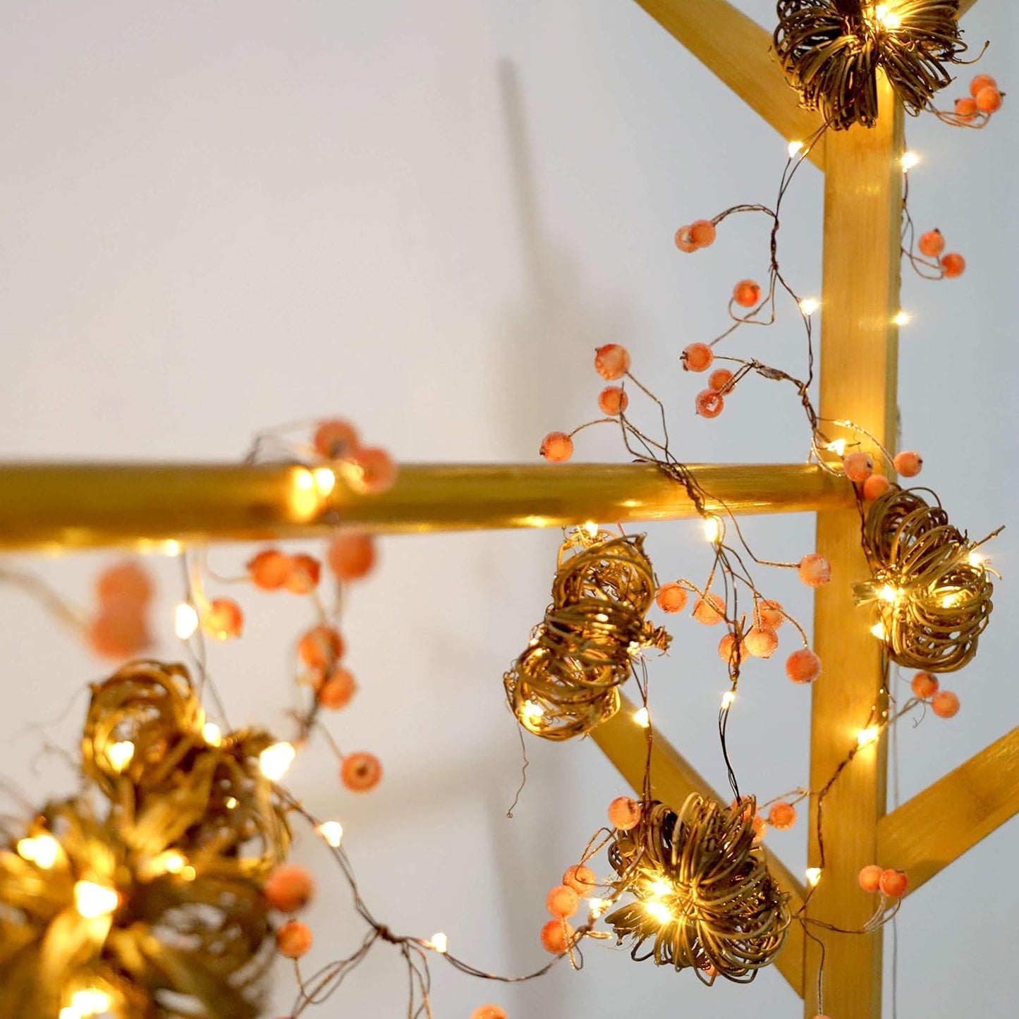 SUNSET HOME Rattan Pumpkin String Lights 10ft 30 LEDs Battery Operated Orange Fall Garland with Remote for Halloween Thanksgiving Decor