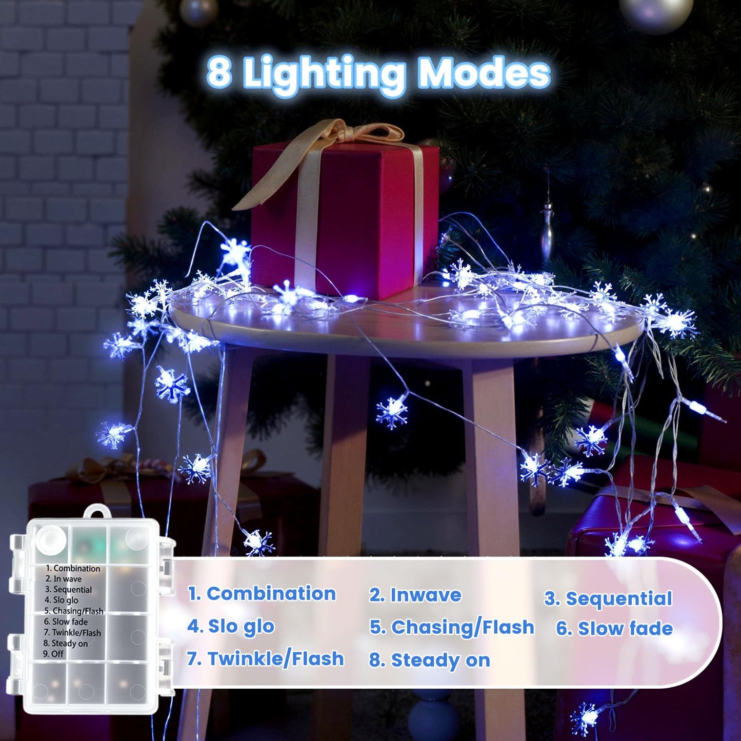 DomeStar Snowflake String Lights, 100LED, 50Ft, Battery Operated, Waterproof, Blue, Model HR4032981, Indoor/Outdoor Decor