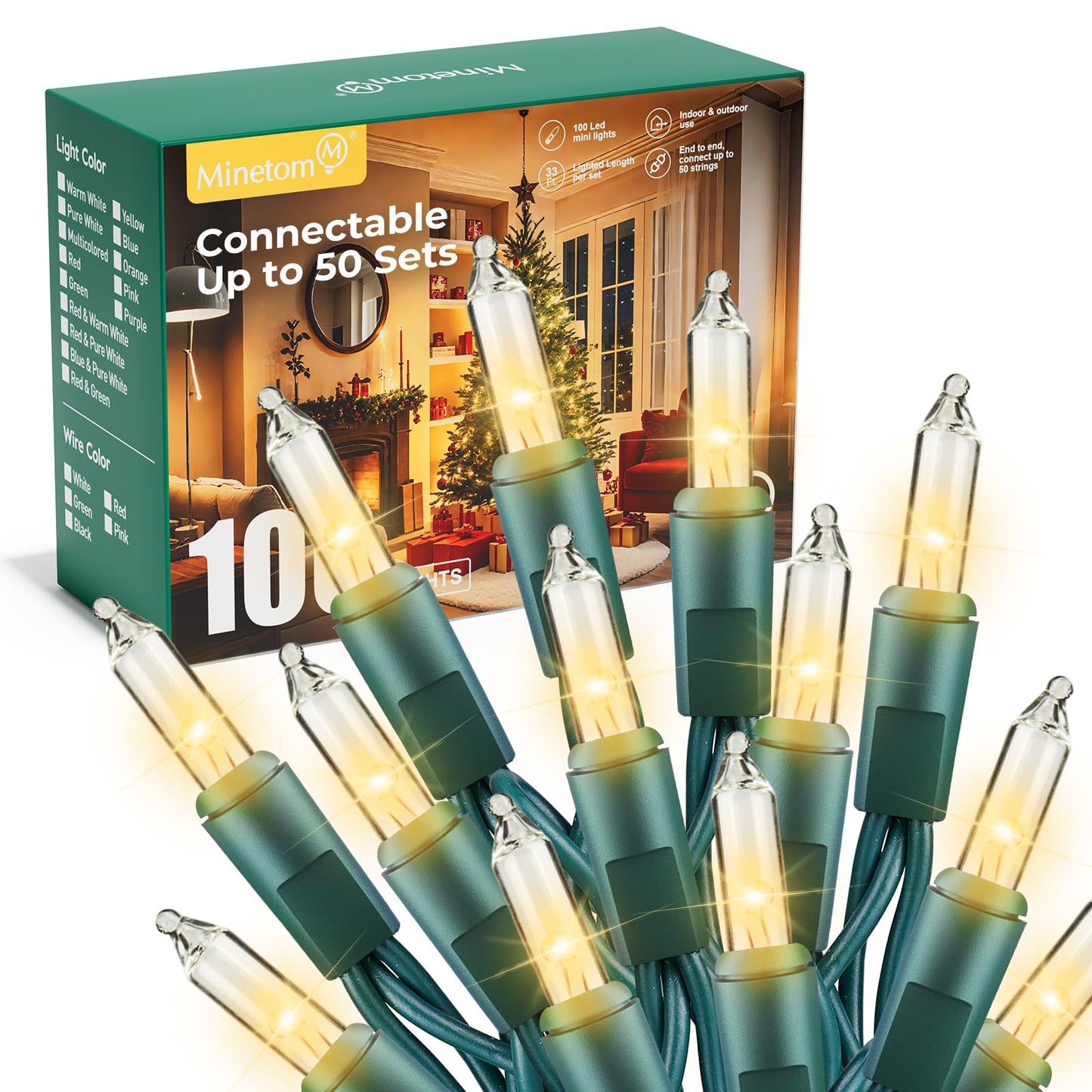 Minetom LED Christmas String Lights, 100 Count, 33 ft, Clear Warm White, Indoor/Outdoor Holiday Decorations