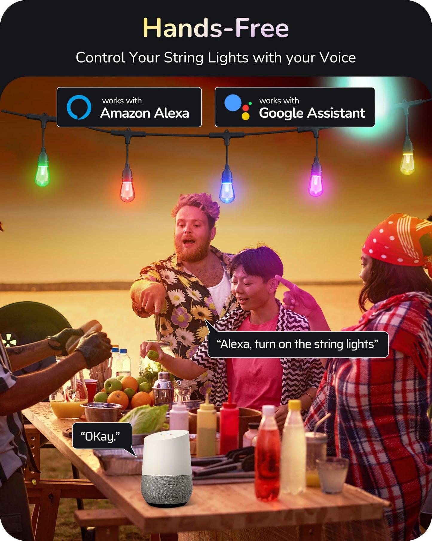 EDISHINE Smart Outdoor String Lights, 96ft, 36 RGBW LED Bulbs, APP Control, Waterproof, Multi-colored S14 Bulbs, Model YJ-312-36