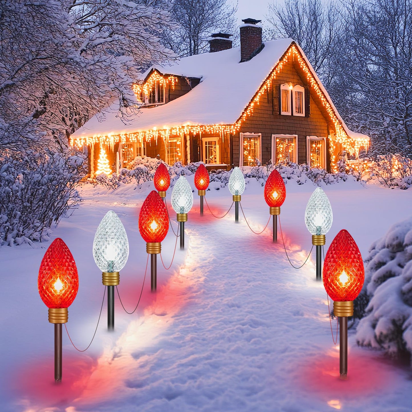 Minetom Christmas String Lights, 11ft Jumbo C9 Outdoor Decorations, 2 Pack, Red & Cool White, Waterproof, Model GY-C-50.6-U-B1